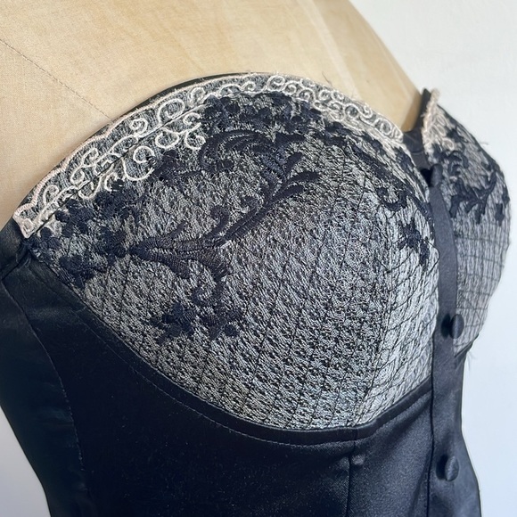 Y2K Lace Bustier Top Medium Black Button Satin Corset Boning CottonExpress - Picture 7 of 14